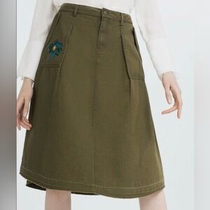 Zara Basic Z1975 Green Cotton Denim Style Look A-Line Flower Embroidery Skirt,S